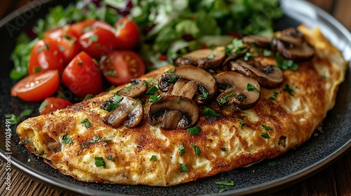 Overhead view of a tasty mushroom omelette with a side salad on a plate.