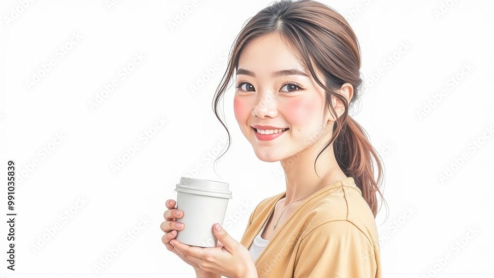 Asian woman standing with paper cup for takeaway coffee drinks or tea on white background. Place for text Asian woman standing with paper cup for takeaway coffee drinks or tea on white background. Place for text