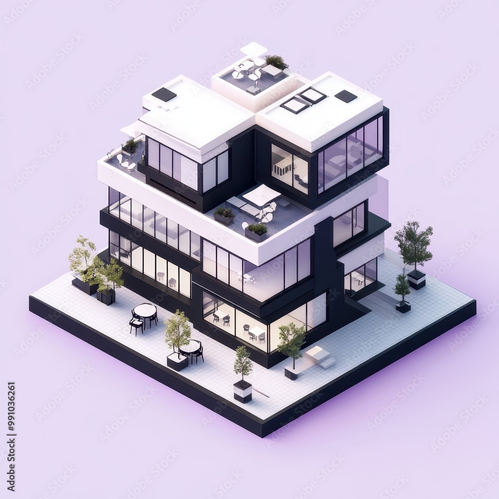 Obraz premium Modern architectural design featuring a multi-level building with outdoor spaces and greenery.