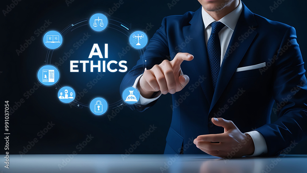 Businessman touching virtual AI ethics icon.AI ethics,
Artificial intelligence law, AI ethics, or AI law concept. Businessman touching virtual AI ethics icon.AI ethics,
Artificial intelligence law, AI ethics, or AI law concept.