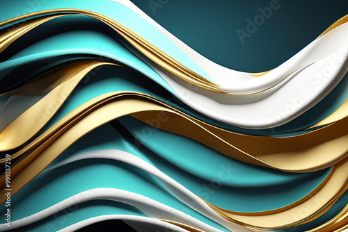 Wallpaper Mural Abstract 3D rendering of a teal, gold, and white wavy pattern. Torontodigital.ca