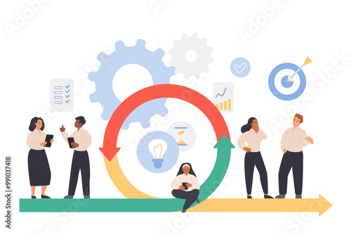 Agile scrum methodology, flexible business process, life cycle for software development. Tiny people work, testing digital project at rotation cyclic progress arrow cartoon vector illustration