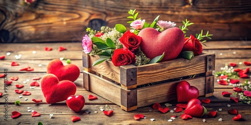 Vibrant red hearts overflow from a rustic wooden crate, surrounded by sentimental love notes and soft pastel flowers, evoking feelings of romance and affection. photo