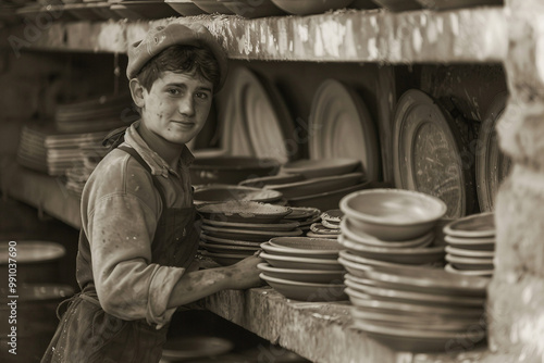 Generative AI photo craftsman shaping clay pot on spinning wheel in pottery studio surrounded by ceramic pieces