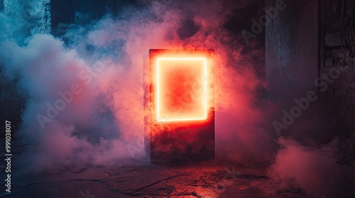 Red neon light glowing from a box amidst smoke on a dark background.