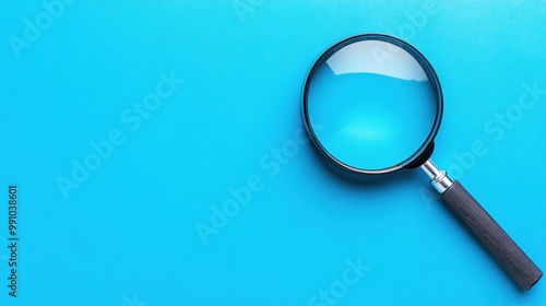 Black magnifying glass on blue background with copy space.