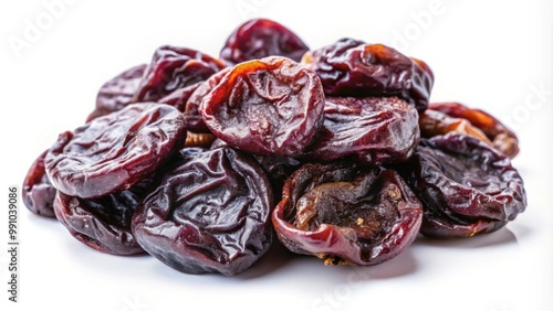 Dried plums isolated on a white background, snack, healthy, food, fruit, prune, dried, organic, sweet, nutrition, natural