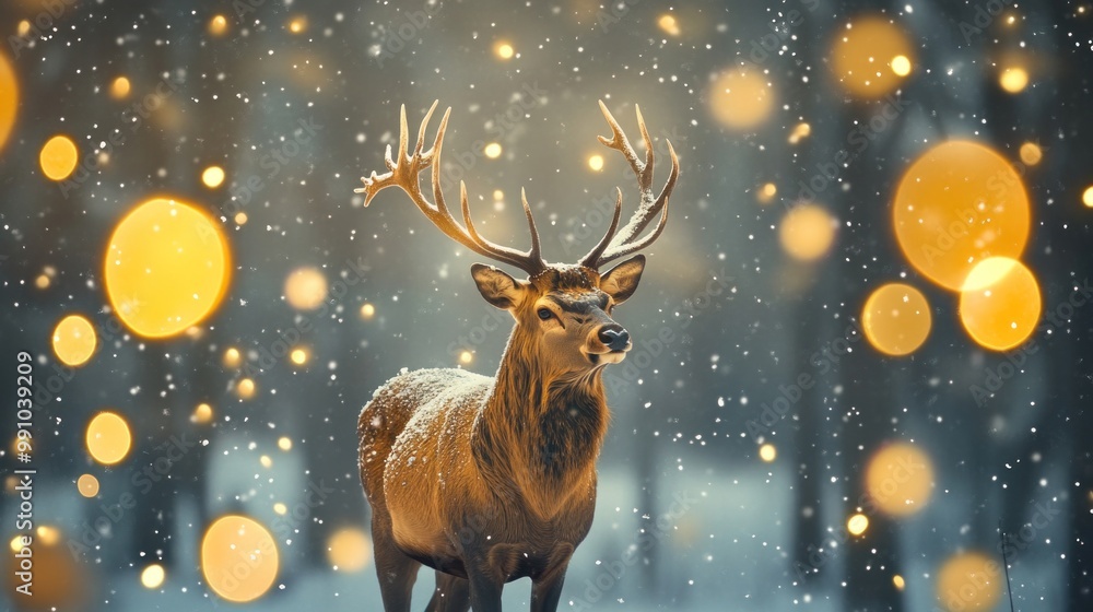 Majestic deer with large antlers in a winter forest with snow falling and warm bokeh lights. Majestic deer with large antlers in a winter forest with snow falling and warm bokeh lights.