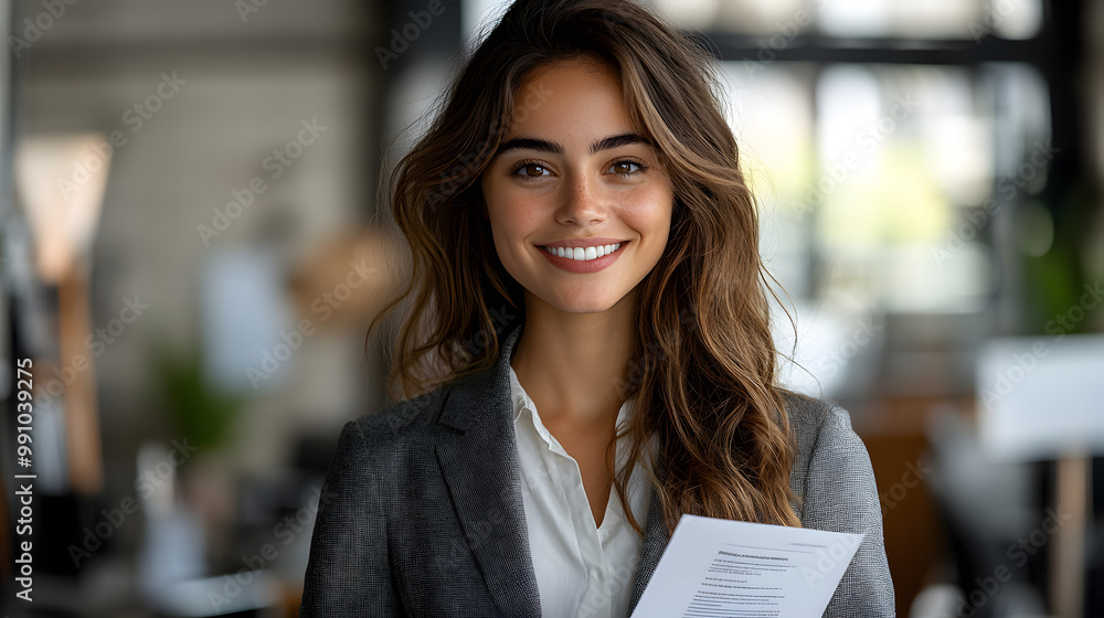 A Smiling Businesswoman Stands in an Office Holding Documents, Exuding Confidence and Professionalism in a Corporate Environment, Ready to Present Her Ideas During a Business Meeting
A Smiling Businesswoman Stands in an Office Holding Documents, Exuding Confidence and Professionalism in a Corporate Environment, Ready to Present Her Ideas During a Business Meeting