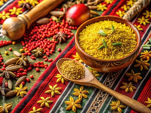 Vibrant yellow cumin seeds scattered on a traditional Russian embroidered cloth, surrounded by utensils and spices, evoking a cozy and cultural culinary atmosphere. photo