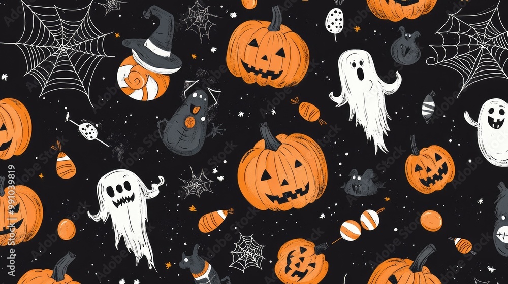 Halloween-themed pattern featuring orange pumpkins, cobwebs, candies, and cartoonish monsters on a dark black background. Halloween-themed pattern featuring orange pumpkins, cobwebs, candies, and cartoonish monsters on a dark black background.