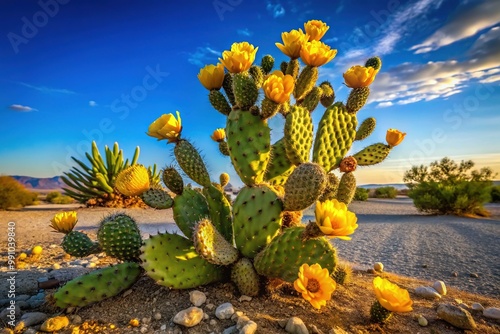 Vibrant yellow prickly pear cactus stands tall in arid desert landscape, its bright flowers and pads illuminated by warm sunlight, against a clear blue sky.