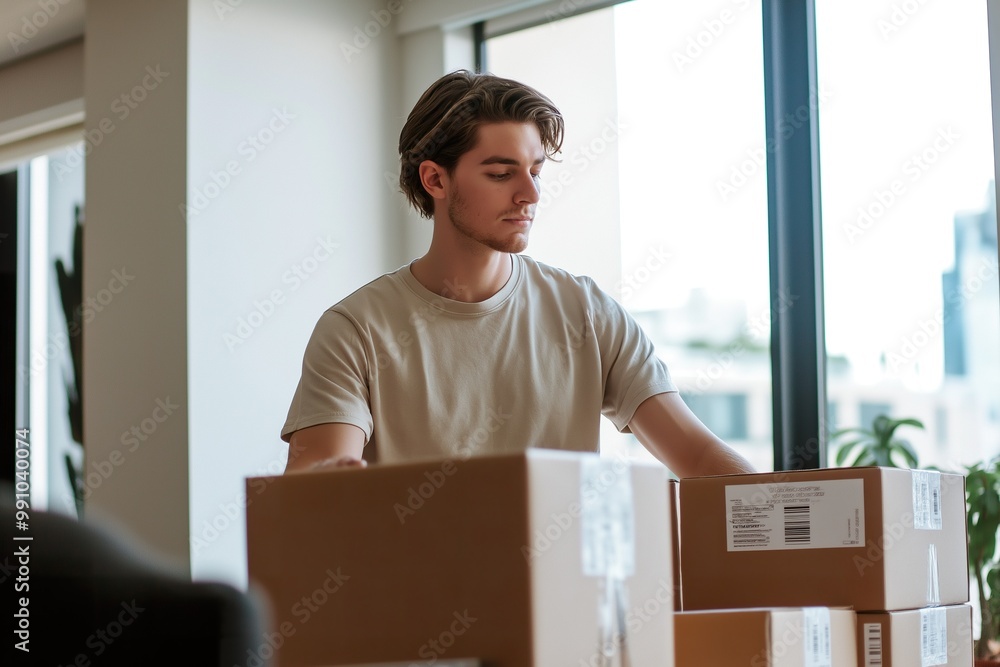 A young man carefully packing cardboard boxes in a bright living room while preparing for his upcoming move to a new place A young man carefully packing cardboard boxes in a bright living room while preparing for his upcoming move to a new place