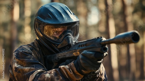 A person wearing camouflage clothing and a paintball mask holds a paintball gun in a forest.