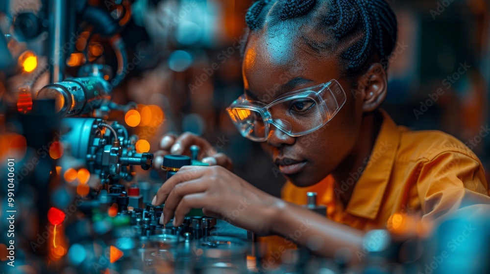 A woman wearing safety goggles works on a machine in a factory, with a focus on her hands and the machinery. AI generative. . A woman wearing safety goggles works on a machine in a factory, with a focus on her hands and the machinery. AI generative. .