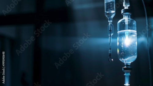 IV drip bag with clear liquid and tube against dark blue background. AI generative. .