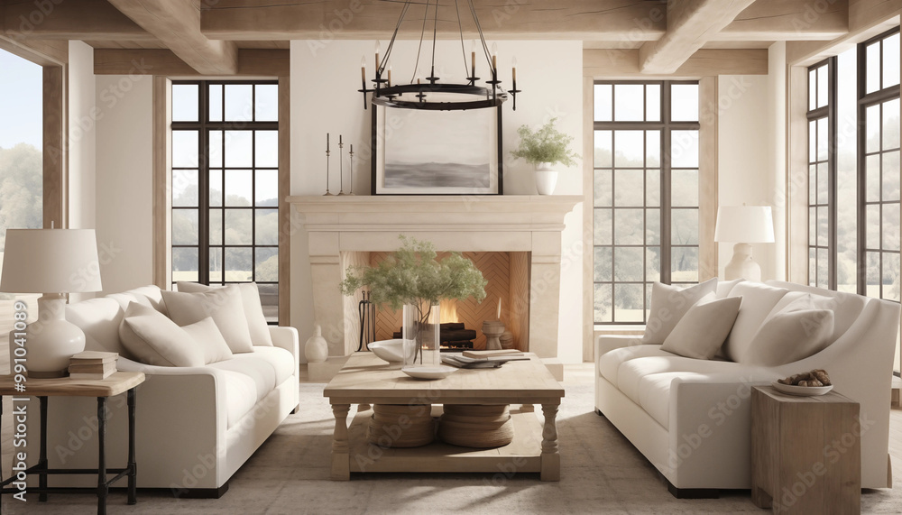 Modern Farmhouse Living Room Interior Design with White Sofa and Fireplace Modern Farmhouse Living Room Interior Design with White Sofa and Fireplace
