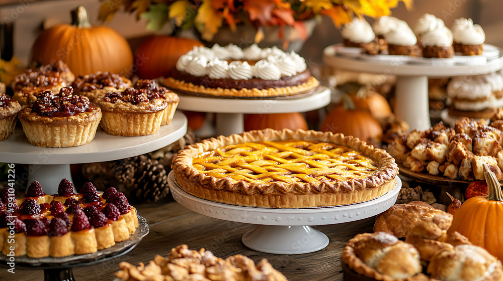 Close-up of a Thanksgiving dessert table with pies, cakes, and seasonal treats, surrounded by fall decorations Close-up of a Thanksgiving dessert table with pies, cakes, and seasonal treats, surrounded by fall decorations