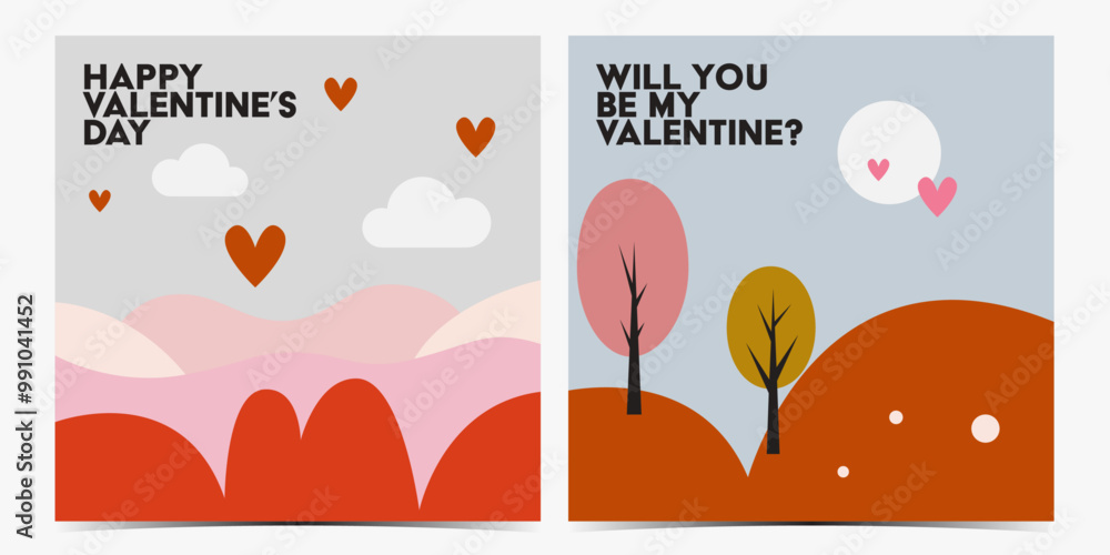 Set of cute Valentine's Day greeting cards, posters, templates, labels with colorful picturesque landscapes in pink, blue and red colors, vector illustration Set of cute Valentine's Day greeting cards, posters, templates, labels with colorful picturesque landscapes in pink, blue and red colors, vector illustration