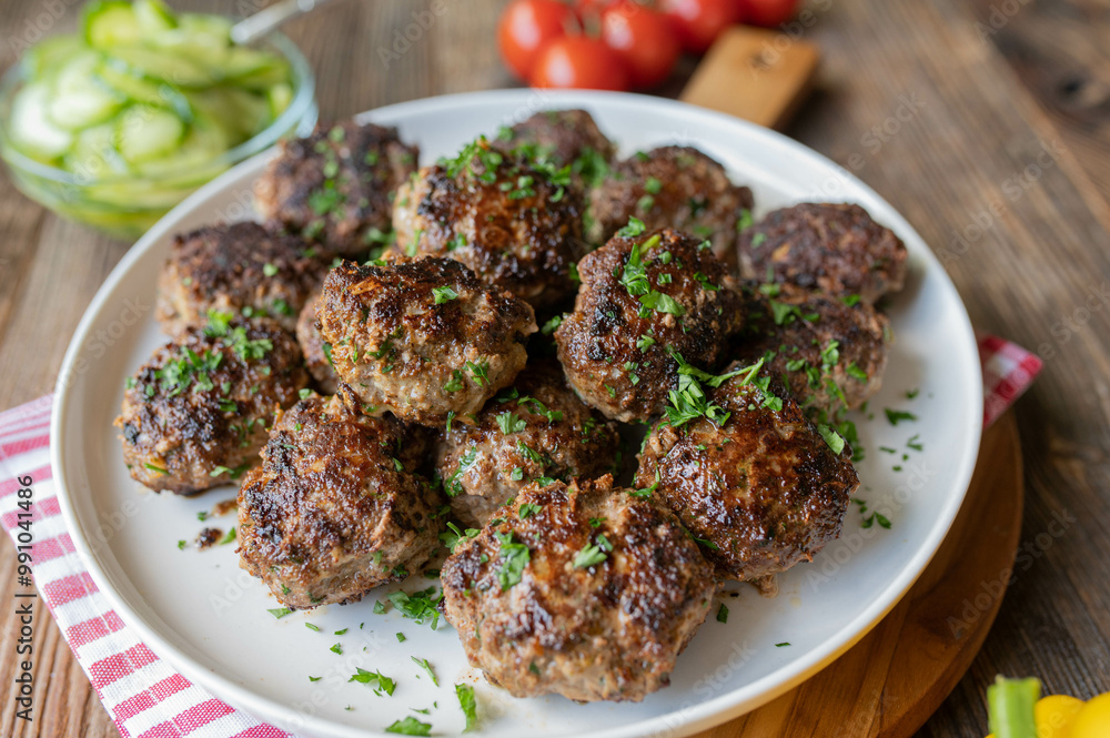 Heap of delicious and homemade meatballs on a plate on wooden table background Heap of delicious and homemade meatballs on a plate on wooden table background