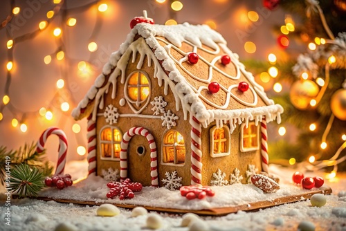 Warmly lit, intricately decorated gingerbread house adorned with icing snowflakes, candy canes, and gumdrops, set against a soft, creamy background, evoking festive holiday cheer.