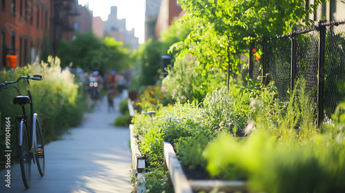 Close-up of a green urban space with community gardens, bike lanes, and solar-powered streetlights, highlighting eco-friendly city planning