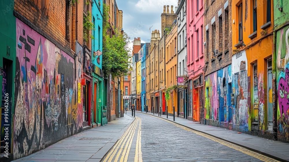 Fototapeta premium A vibrant street adorned with colorful murals and cobblestones, showcasing urban art.