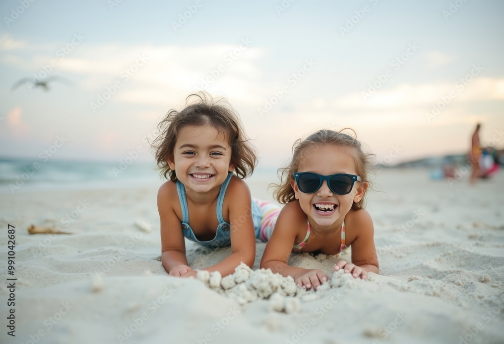Cousins enjoying a day at the beach smiling and playing in the s Cousins enjoying a day at the beach smiling and playing in the s