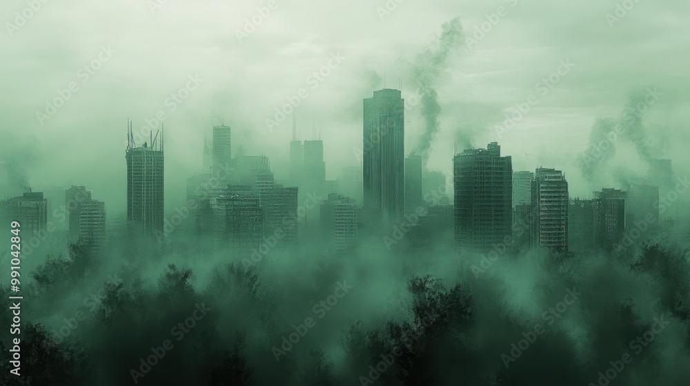 A mysterious and eerie cityscape shrouded in thick fog. A mysterious and eerie cityscape shrouded in thick fog.