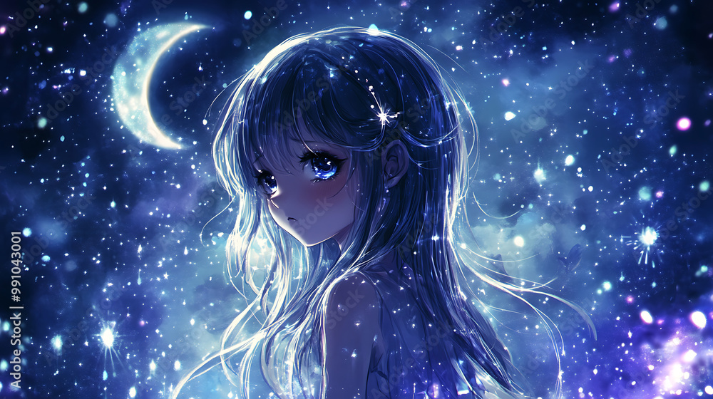 Anime girl in a dreamy celestial setting, with a background of stars and a crescent moon Anime girl in a dreamy celestial setting, with a background of stars and a crescent moon