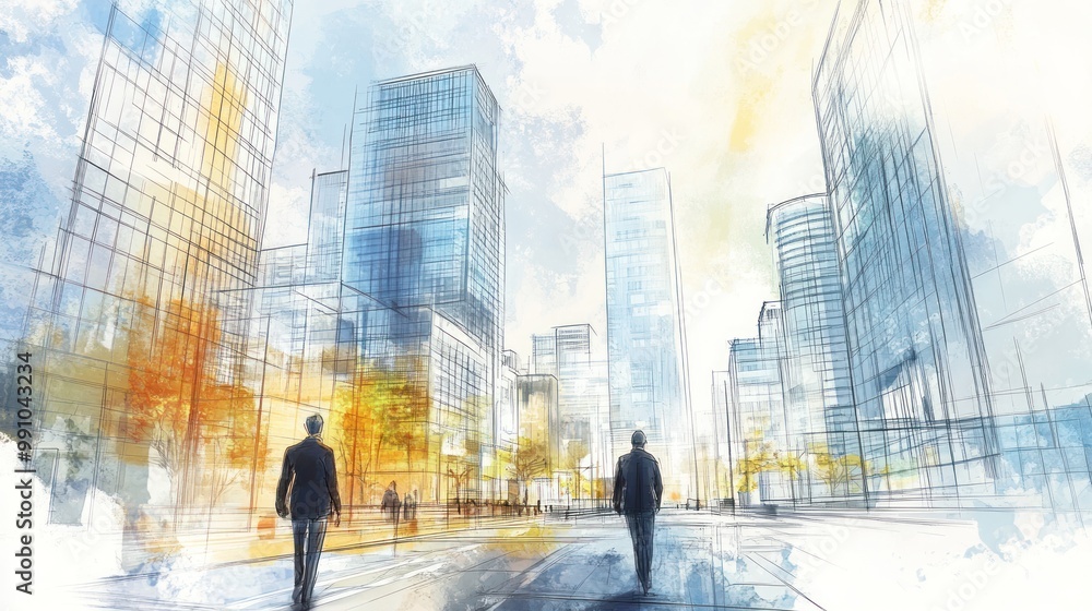 Watercolor sketch of two businessmen walking through a city street with tall buildings. Watercolor sketch of two businessmen walking through a city street with tall buildings.
