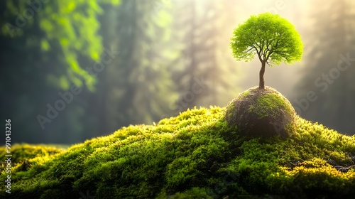 Small tree growing on moss-covered mound in a lush, sunlit forest