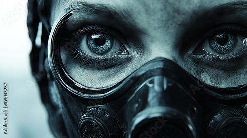 Close Up Portrait of a Woman Wearing a Gas Mask photo