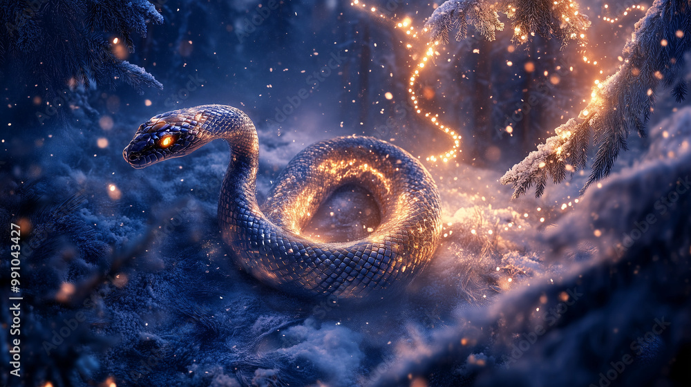 Glowing Snake Wrapped in Winter Lights in a Magical Snowy Forest Glowing Snake Wrapped in Winter Lights in a Magical Snowy Forest