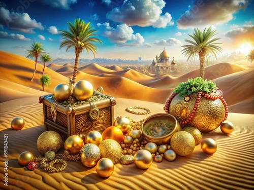 Whimsical fantasy magical realism desert adventure treasure hunt golden ornaments