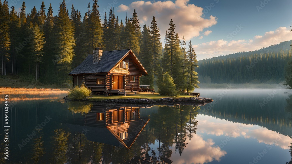 Fototapeta premium Quiet mountain cabin surrounded by a dense forest in the early morning light