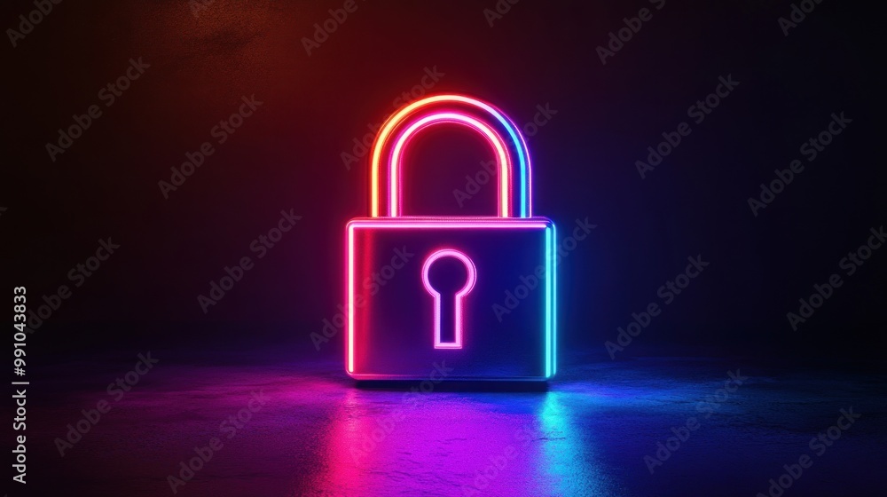Neon glowing padlock on dark background. Neon glowing padlock on dark background.