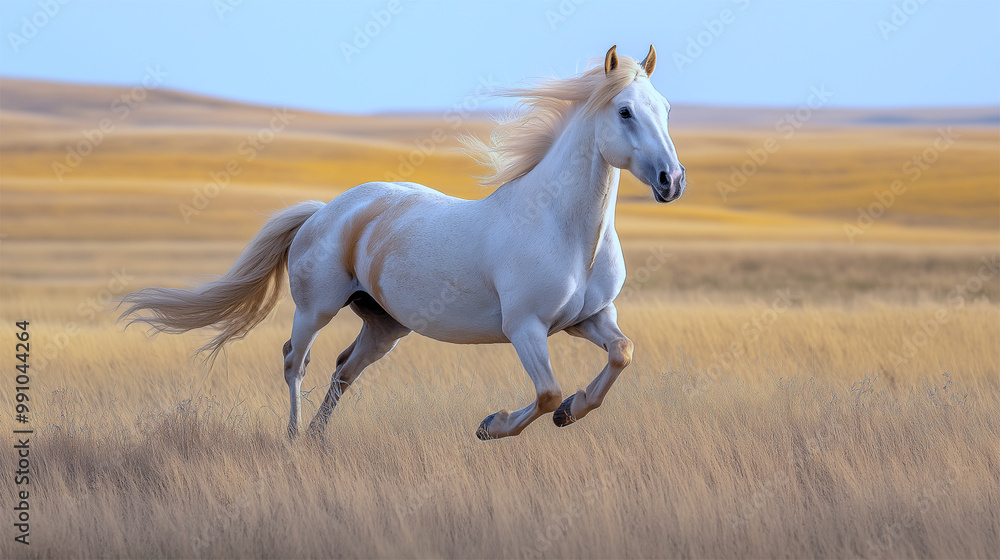 Majestic Endangered Przewalski's horse galloping through open grasslands during golden sunset
Majestic Endangered Przewalski's horse galloping through open grasslands during golden sunset