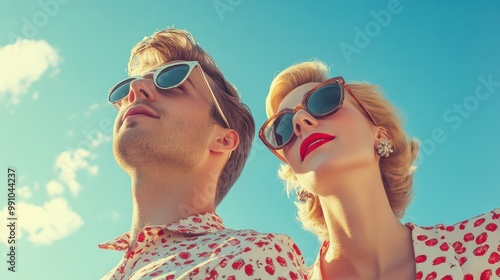 Couple wearing sunglasses and looking up at the sky.