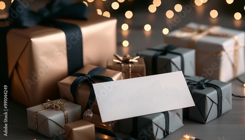 A Christmas card being placed on a pile of gifts, with twinkling lights in the background photo