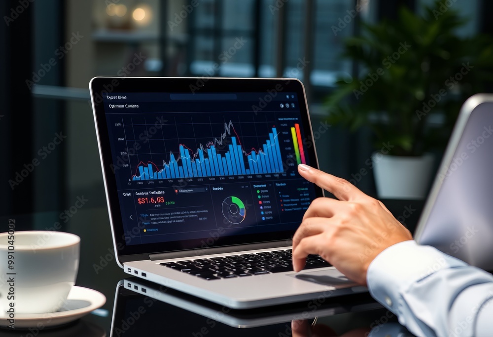 Businessman analyzing advertising performance data on a laptop t Businessman analyzing advertising performance data on a laptop t