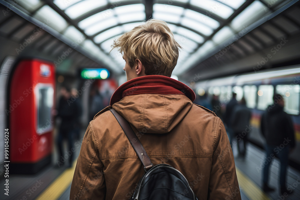 Ai generated rear view photo of a man tourist on a train station Ai generated rear view photo of a man tourist on a train station