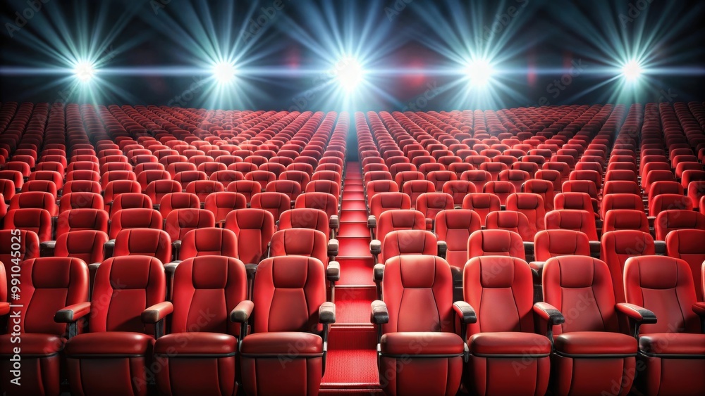 Obraz premium Cinema or theater red seats background, movie, film, theater, seating, rows, chairs, entertainment, interior, auditorium