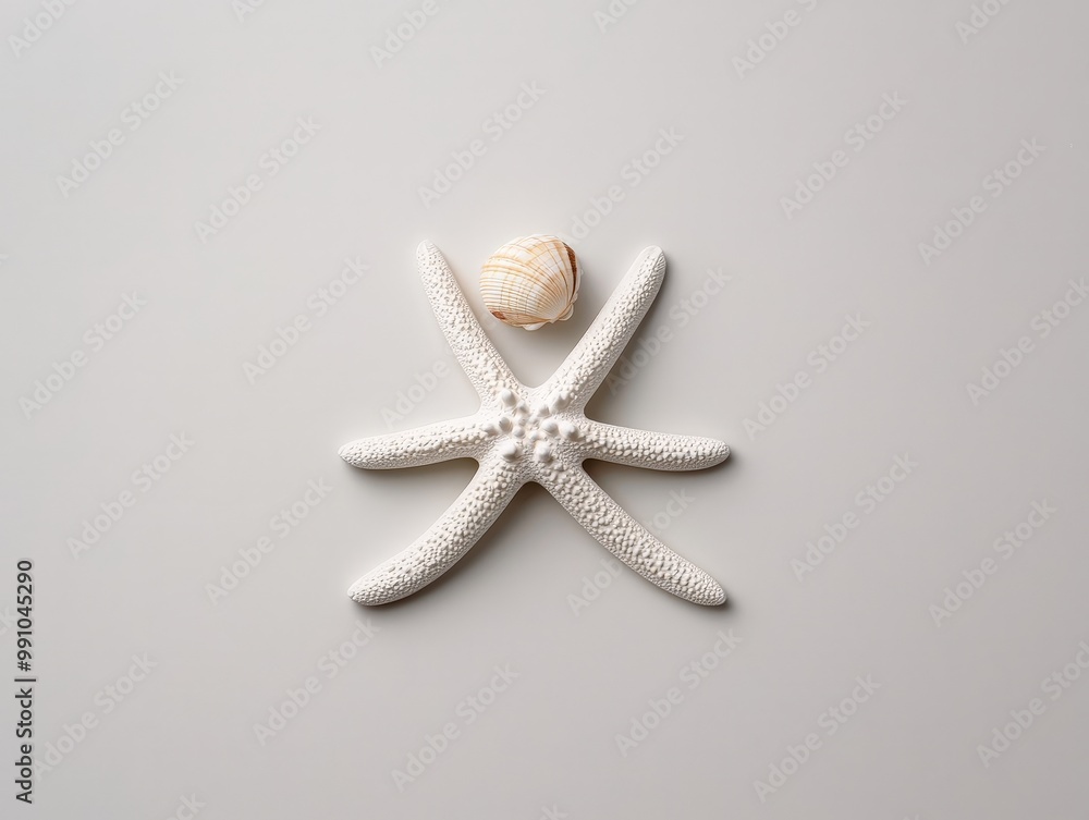 Minimalist White Starfish and Seashell on Light Grey Background - Serene Coastal Decor Concept Minimalist White Starfish and Seashell on Light Grey Background - Serene Coastal Decor Concept