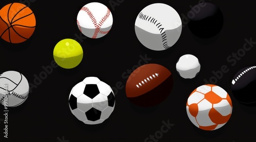 Sport balls isolated on dark background set of balls used in the sports of basketball baseball tennis golf soccer volleyball rugby american football and badminton 3d illustration sports Illustration photo