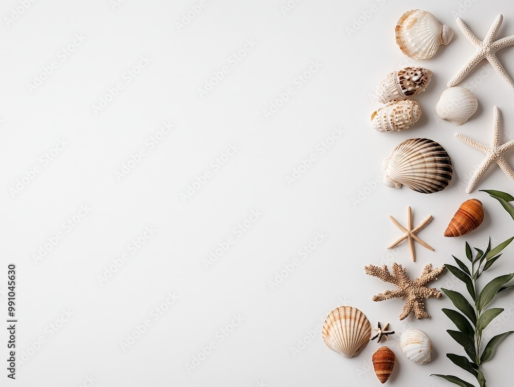 Tranquil Coastal Arrangement Seashells, Starfish and Greenery on White - Serene Beach Decor and Relaxation Concept Tranquil Coastal Arrangement Seashells, Starfish and Greenery on White - Serene Beach Decor and Relaxation Concept