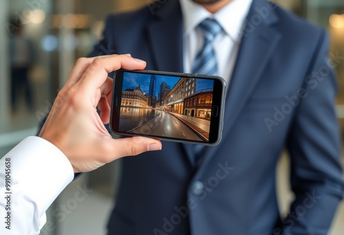 Businessman using smartphone with virtual screen to create virtu