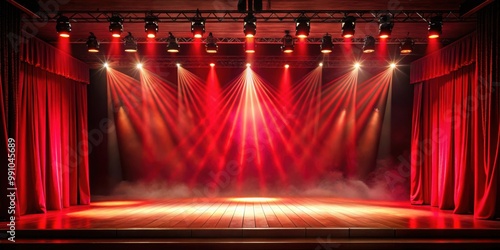Dramatic red-lit empty stage for theatrical performances, concerts, dance shows, and events, Empty stage
