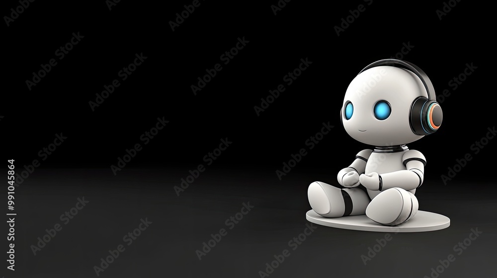 Fototapeta premium A delightful 3D-rendered robot character sits with a round head and cute blue eyes. It features glowing lights and a matte texture, creating a charming and vibrant appearance