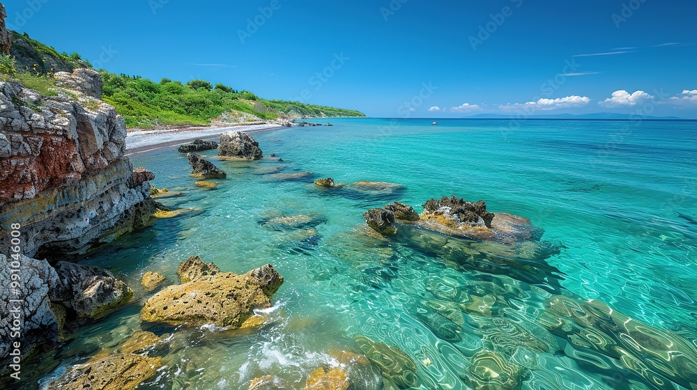 Fototapeta premium A captivating seaside ocean natural scenery. The ocean stretches as far as the eye can see, its waves rolling in with a soothing rhythm. The sky above is a beautiful blend of blues and whites. The san